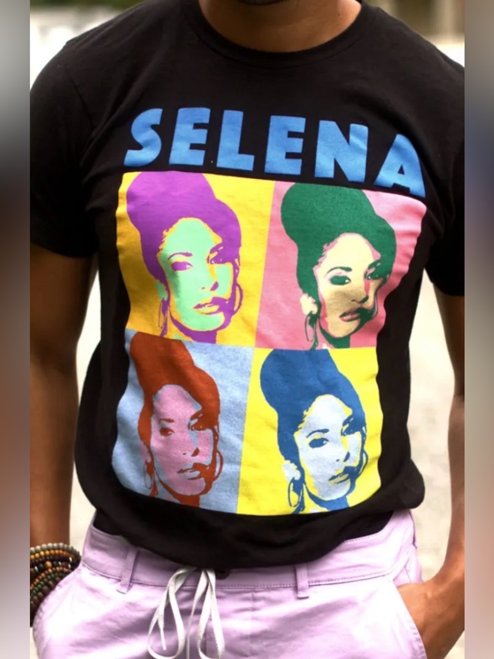 Selena Unisex 2017 Black Tee 2x2 grid style reminiscent of Andy Warhol's work. M